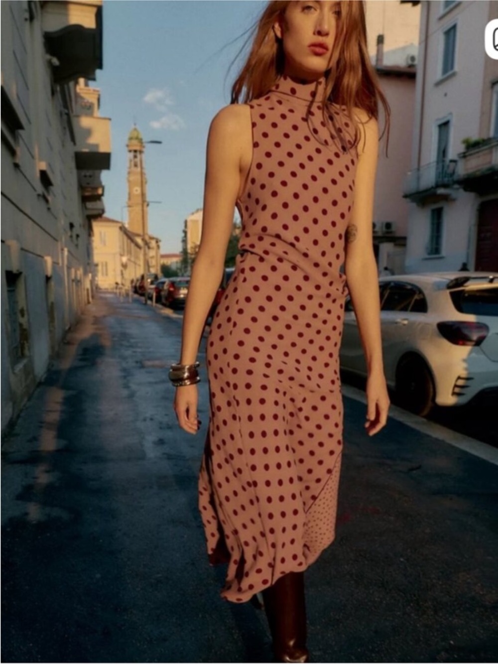 ZARA Tied Polka Dot Midi Dress, Sleeveless High Neck Long Dress, Toffee Size XS